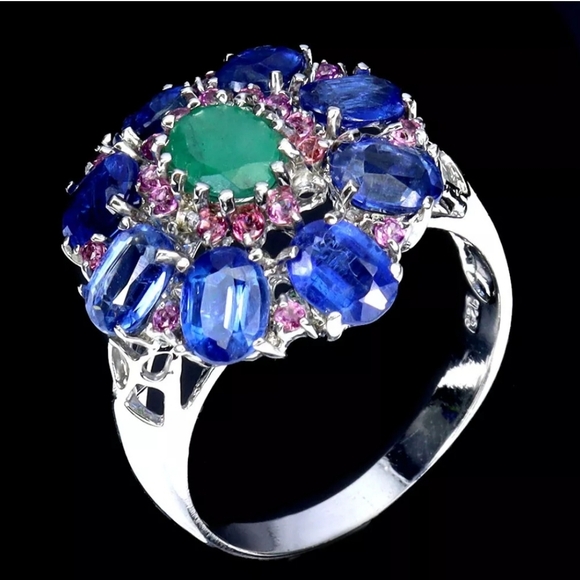 Natural Emerald 6x4mm, Kyanite, Rhodolite 925 Sterling Silver Ring 6.75 - Picture 3 of 7